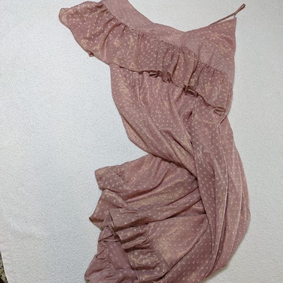 ASOS Iridescent Rose w/Gold Shimmer Pink Polkadot Asymmetrical Dress - size 16 - Picture 12 of 13